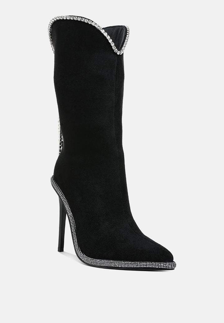 women diamante chain detail calf boots#color_black