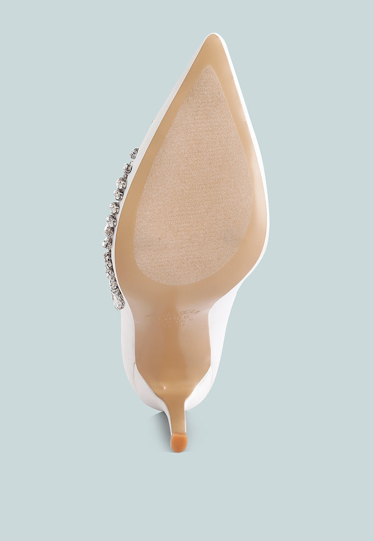 rhinestones embellished satin stiletto pumps#color_white