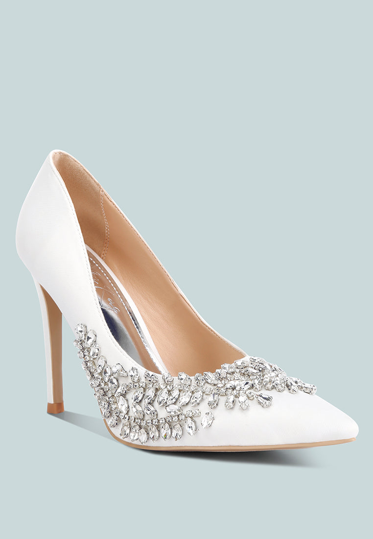 rhinestones embellished satin stiletto pumps#color_white