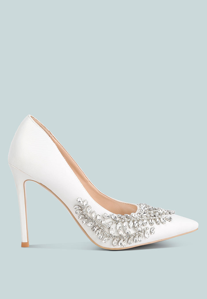 rhinestones embellished satin stiletto pumps#color_white