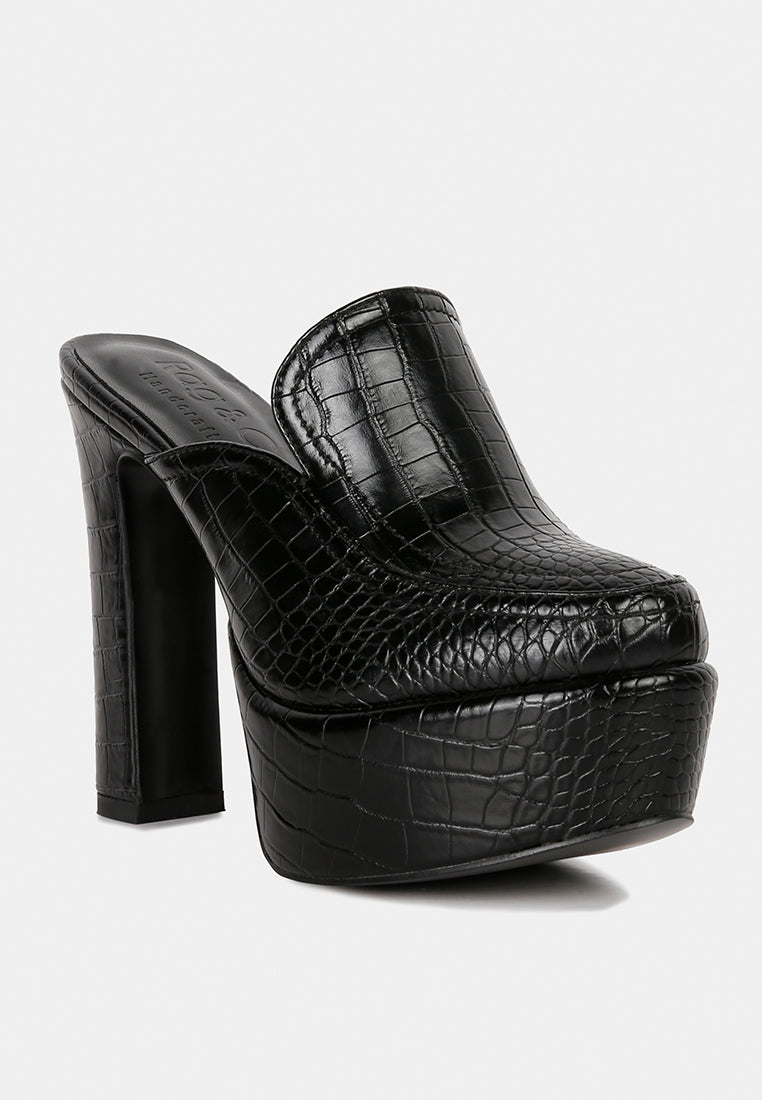 women croc pattern heeled platform mules#color_black