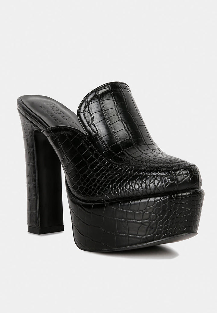 women croc pattern heeled platform mules#color_black
