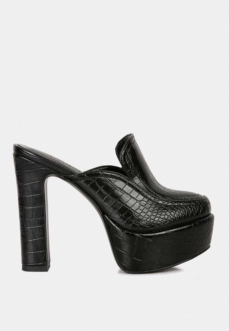 women croc pattern heeled platform mules#color_black