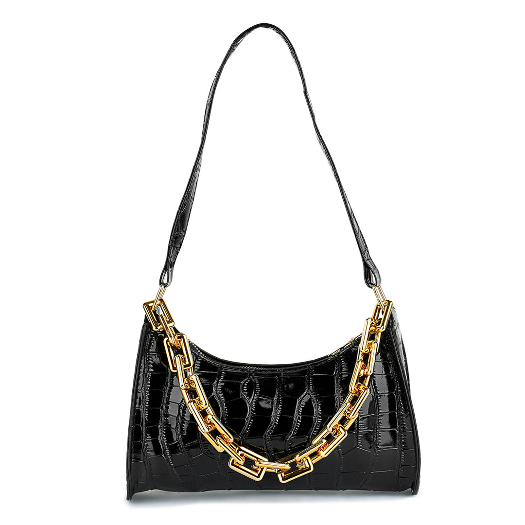 croc pattern baguette bag#color_black