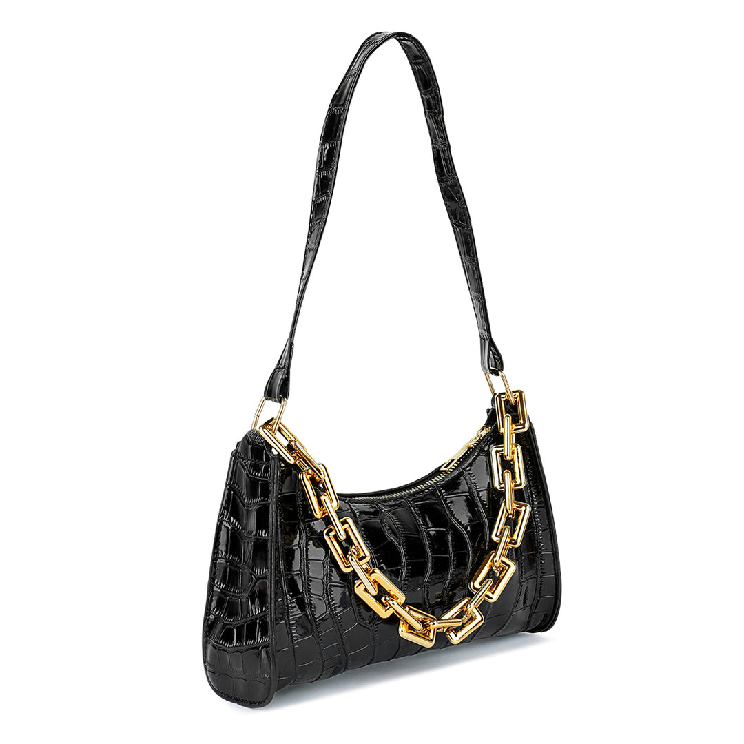 croc pattern baguette bag#color_black