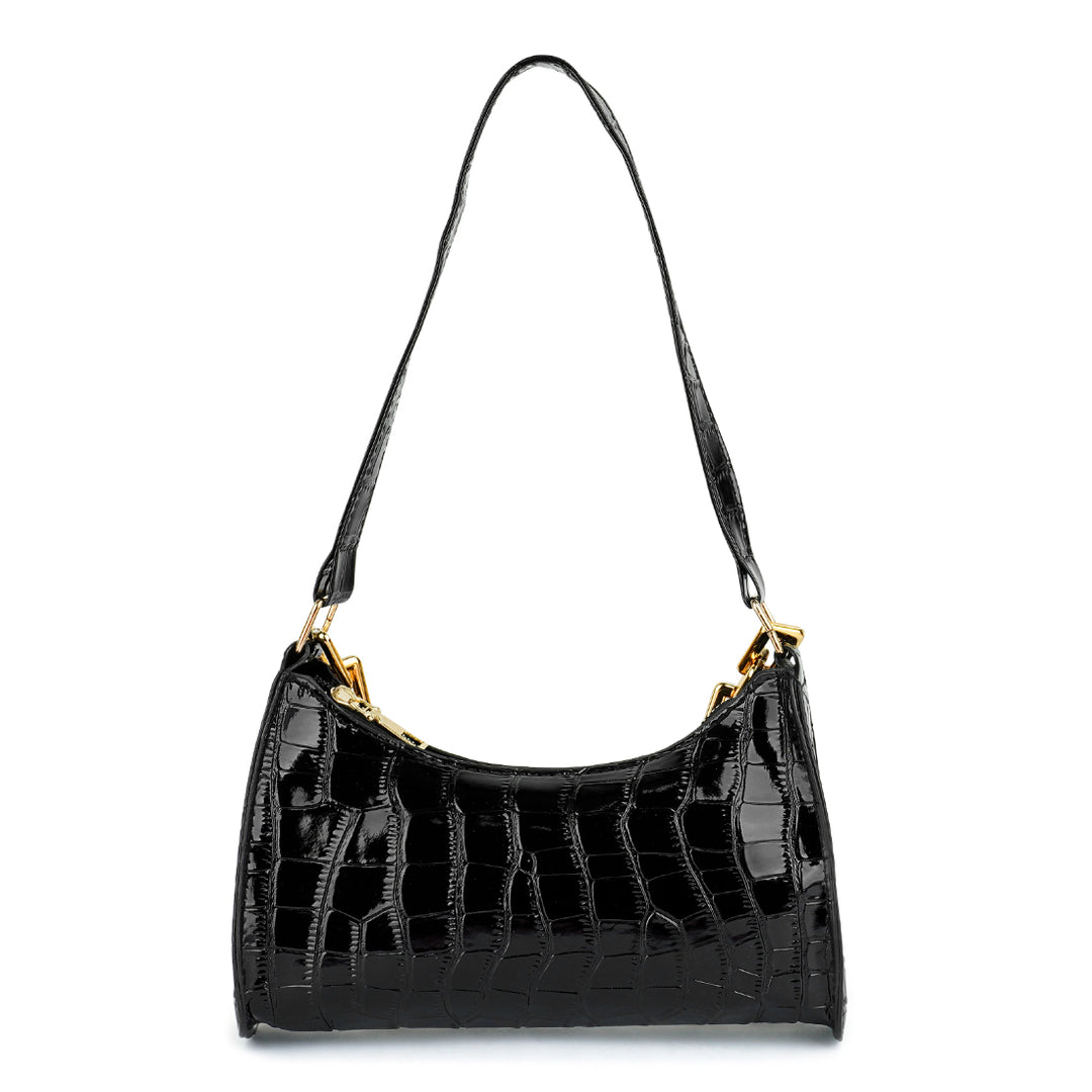 croc pattern baguette bag#color_black