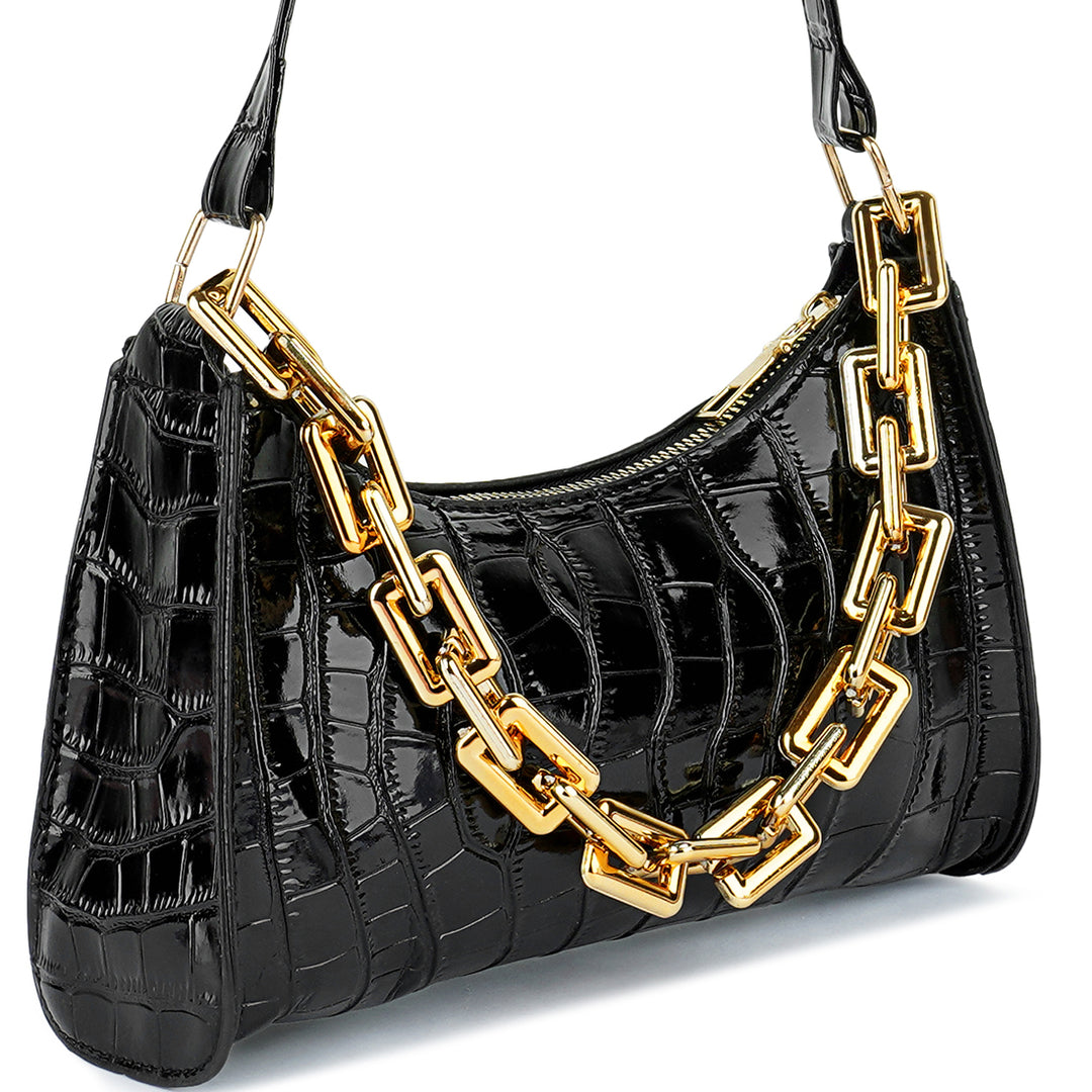 croc pattern baguette bag#color_black