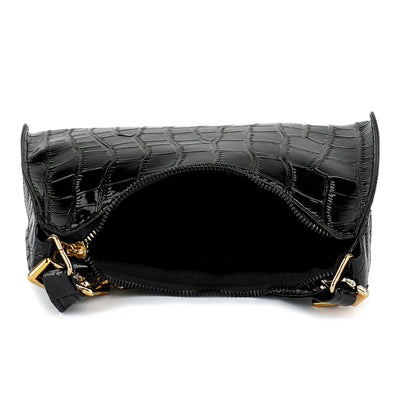 croc pattern baguette bag#color_black