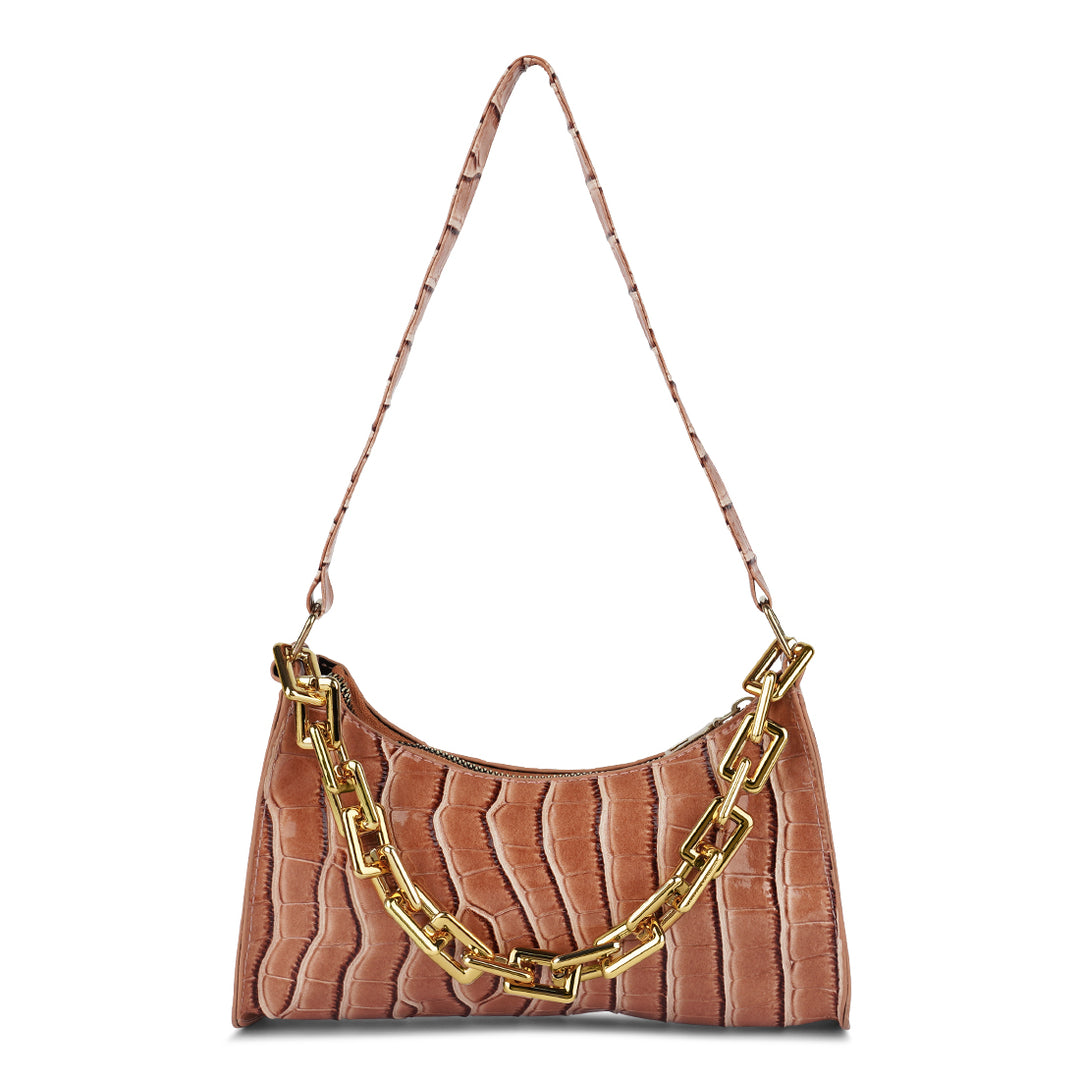 croc pattern baguette bag#color_brown