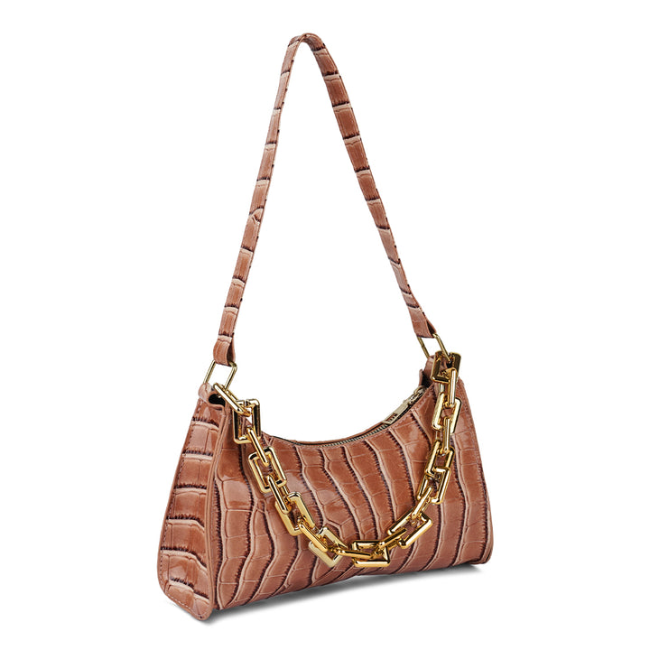 croc pattern baguette bag#color_brown