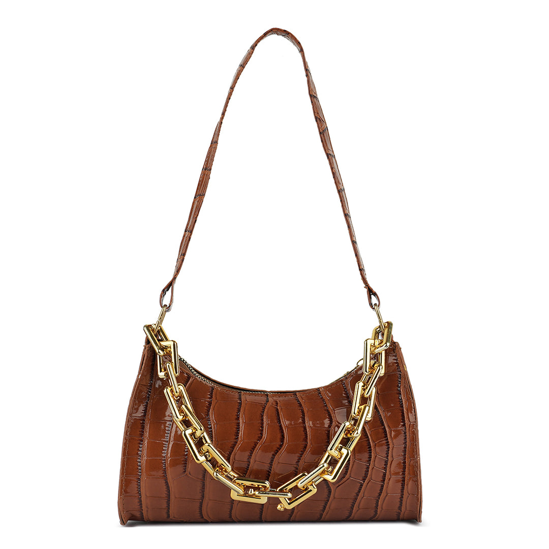 croc pattern baguette bag#color_tan