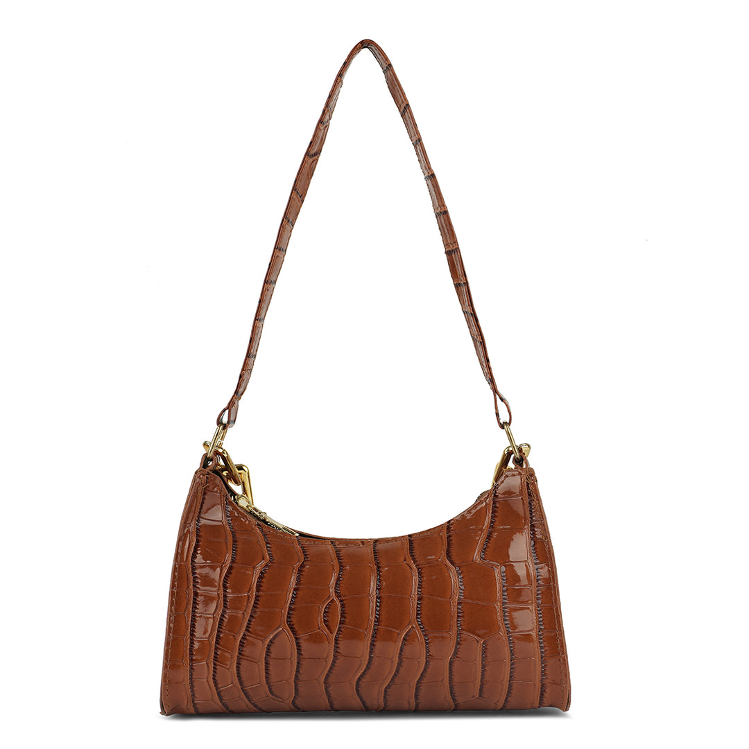 croc pattern baguette bag#color_tan