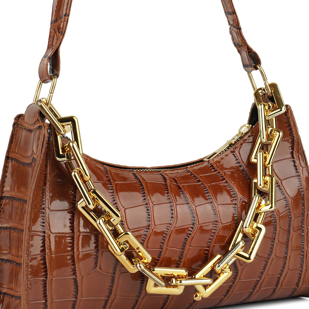 croc pattern baguette bag#color_tan