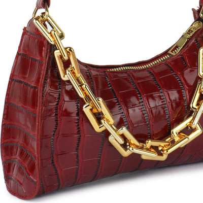 croc pattern baguette bag#color_red