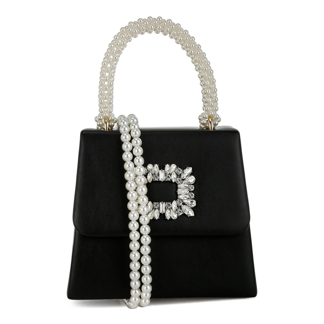 pearl top-handle diamante brooch bag#color_black