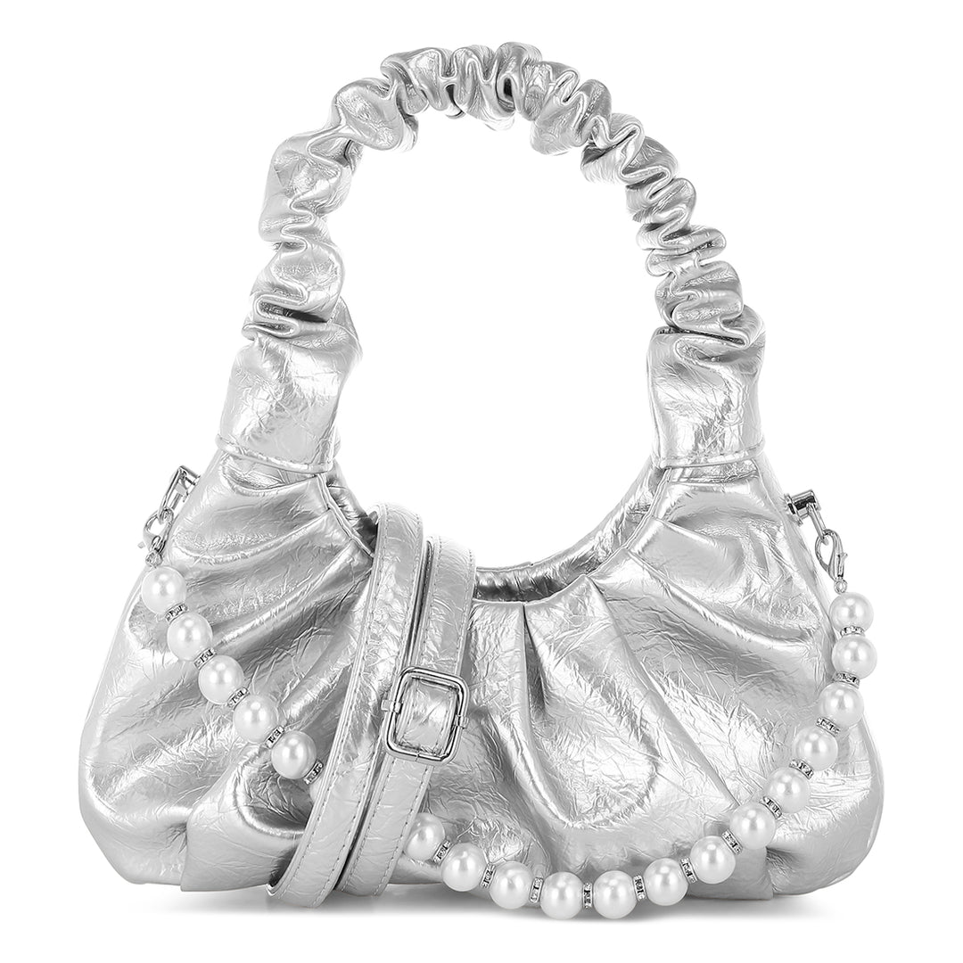 ruched handle crossbody bag#color_silver