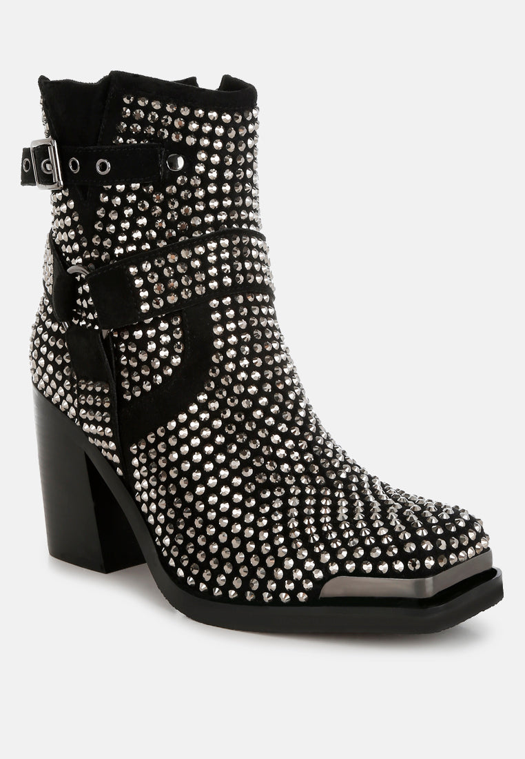 women studded harness detail ankle boots#color_black