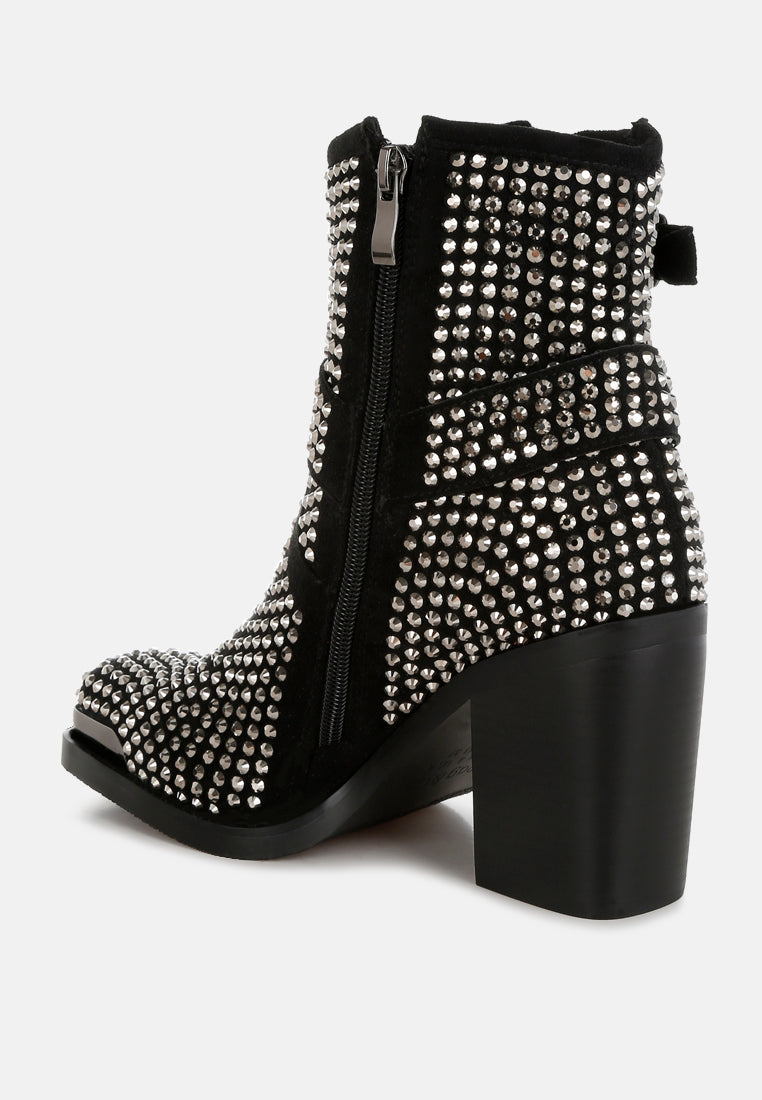women studded harness detail ankle boots#color_black