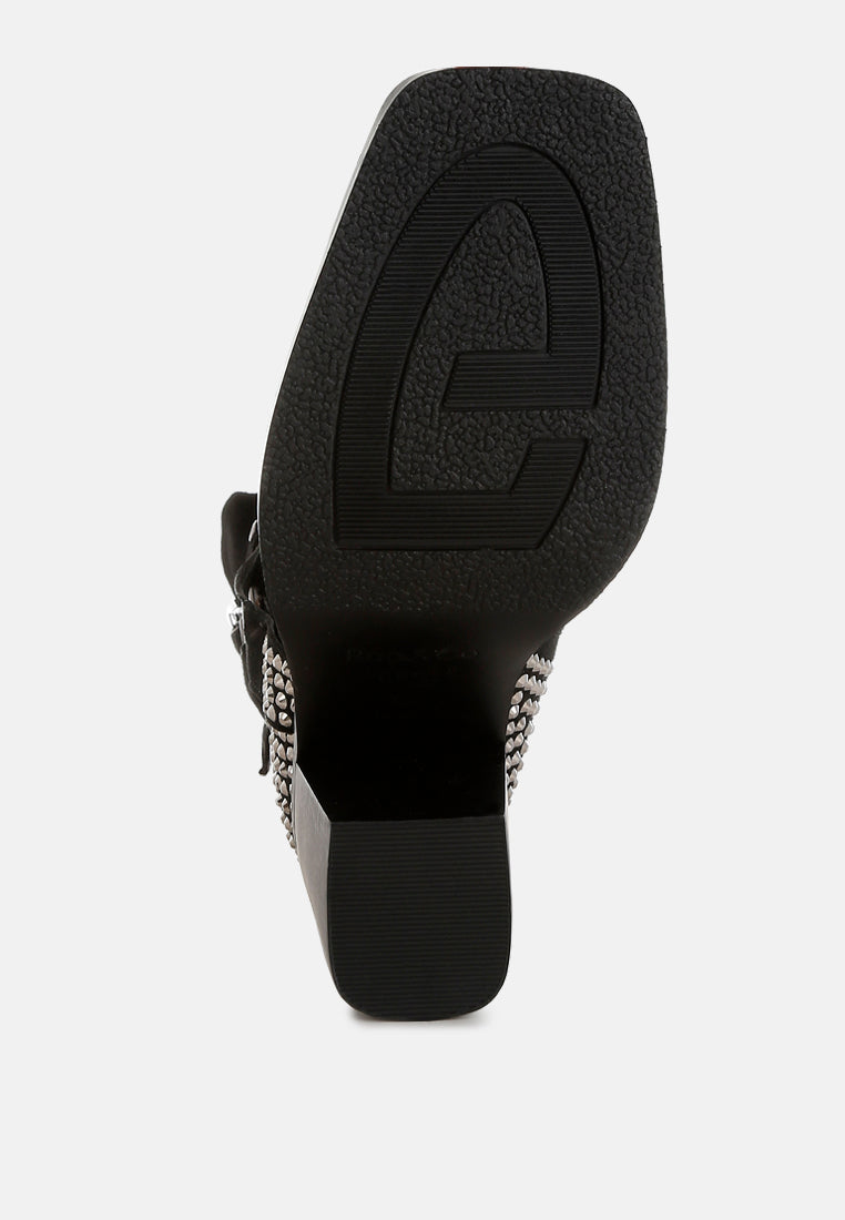 women studded harness detail ankle boots#color_black