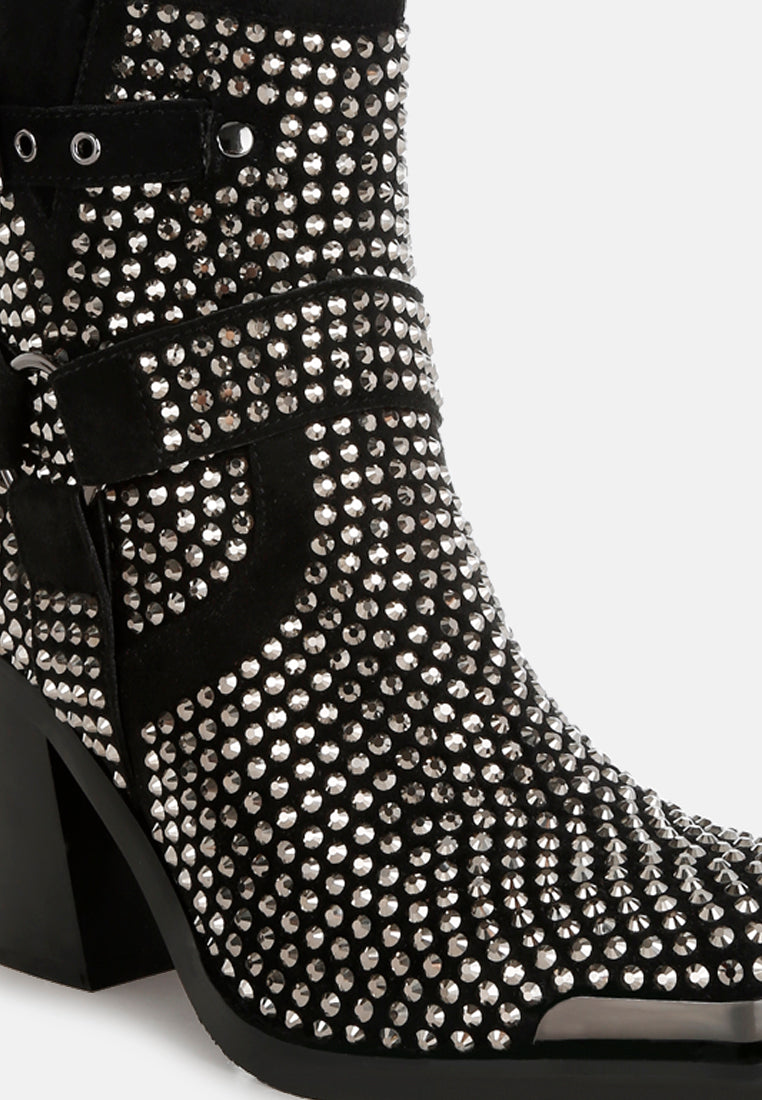 women studded harness detail ankle boots#color_black