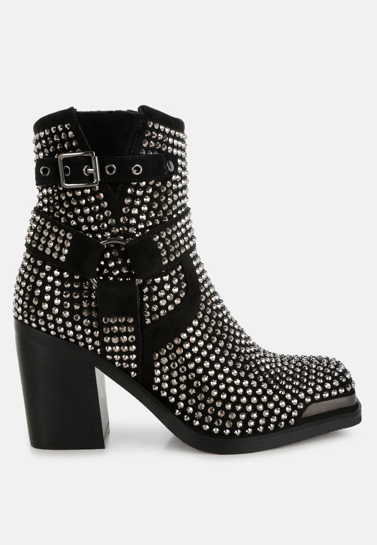 women studded harness detail ankle boots#color_black