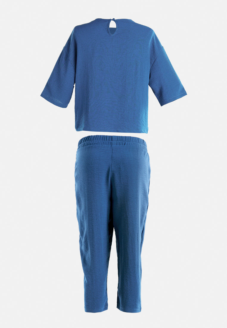 half sleeves crop top & capris coord set by ruw#color_blue