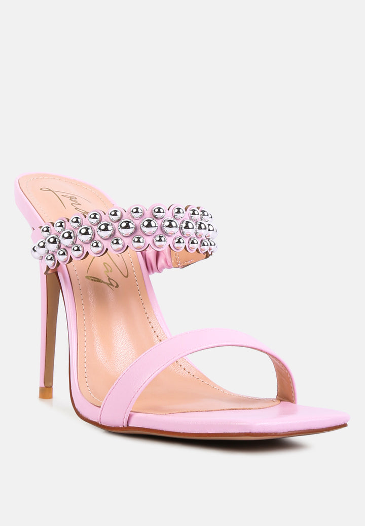 women high heel metal ball sandals#color_pink