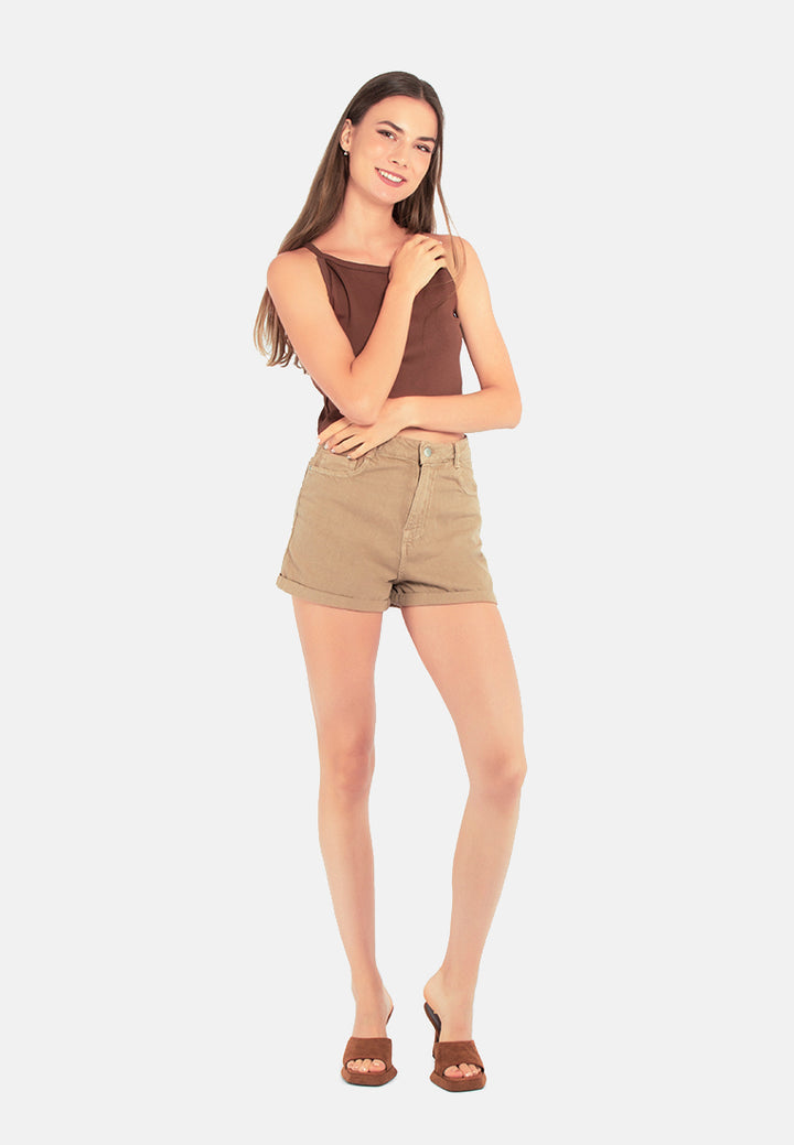 women basic upturn hem shorts#color_camel