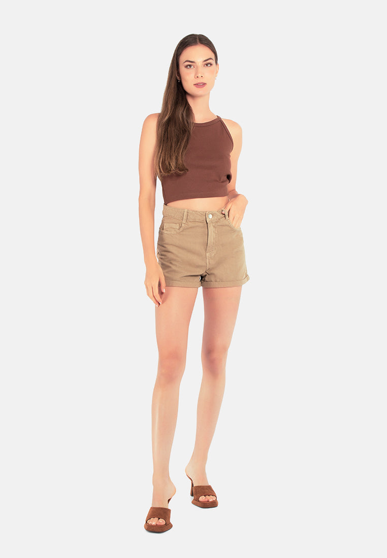 women basic upturn hem shorts#color_camel