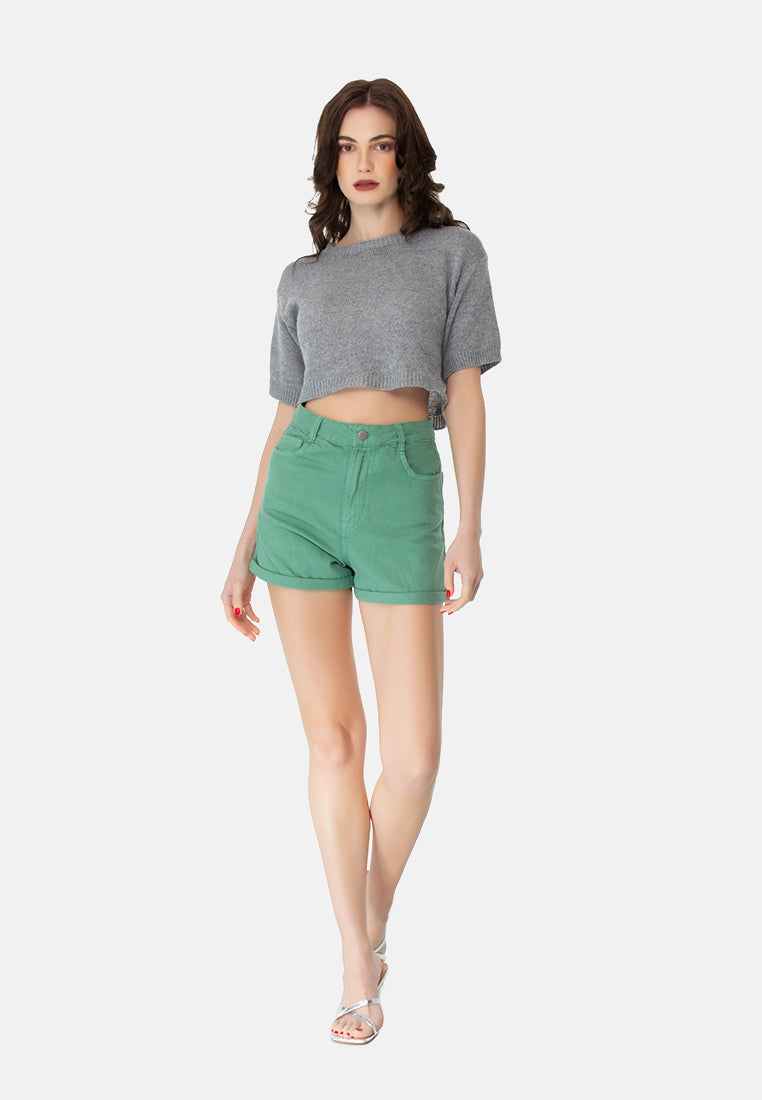women basic upturn hem shorts#color_green