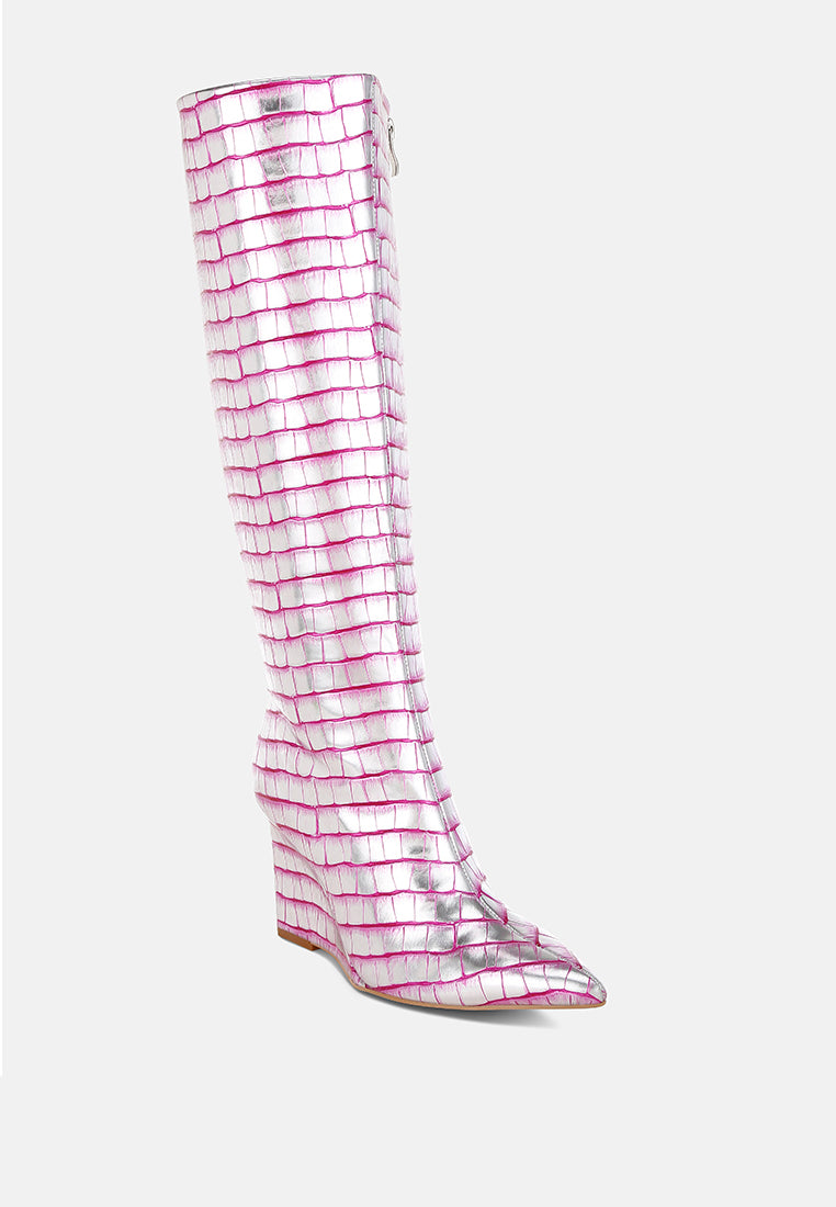 bass head croco metallic long boots#color_pink
