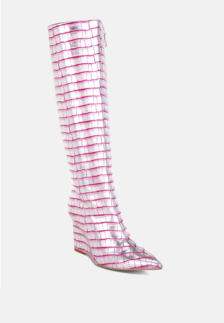 bass head croco metallic long boots#color_pink