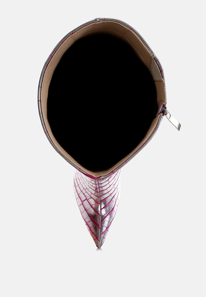 croco metallic long boots#colour_pink