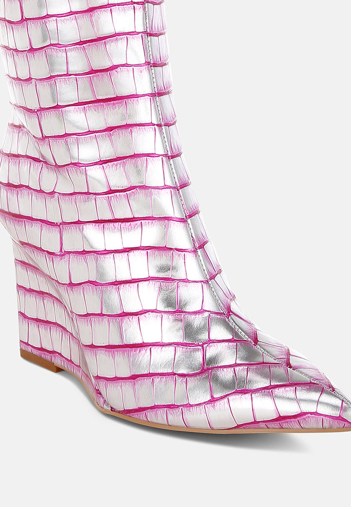 bass head croco metallic long boots#color_pink