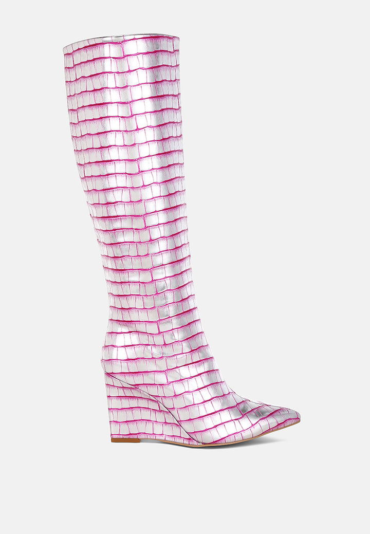 croco metallic long boots#colour_pink