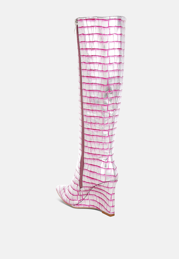 croco metallic long boots#colour_pink