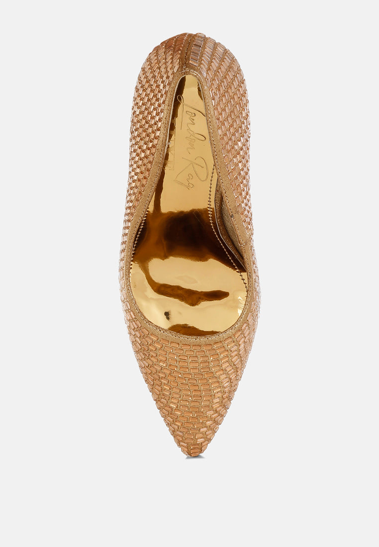 women rhinestones sparkling embellished pumps#color_gold