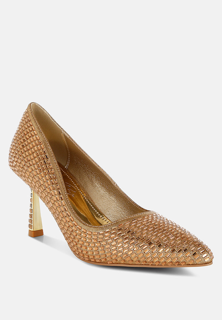 women rhinestones sparkling embellished pumps#color_gold