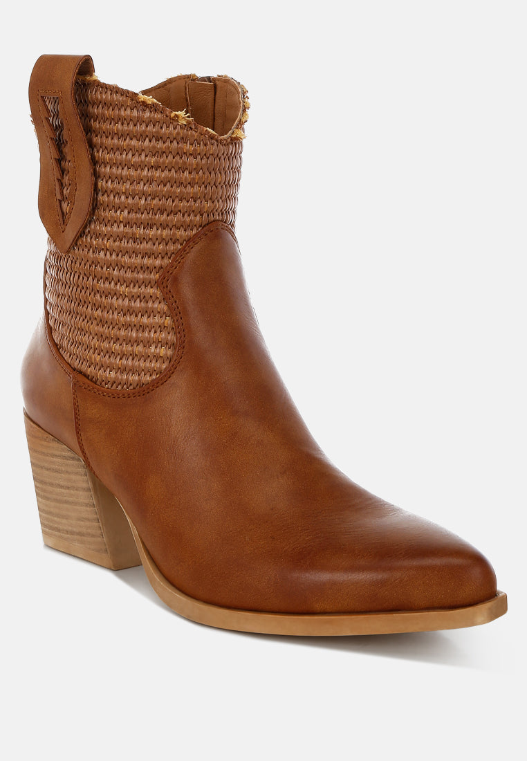 women raffia & faux leather cowboy boots#color_tan