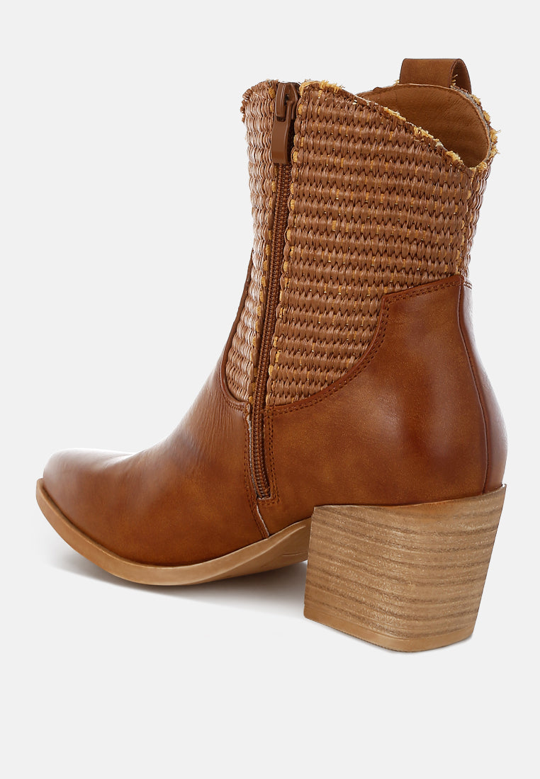 women raffia & faux leather cowboy boots#color_tan