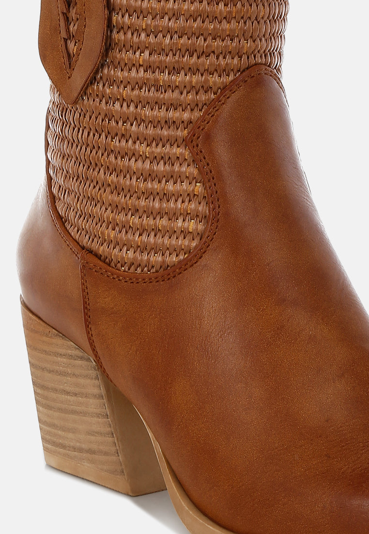 women raffia & faux leather cowboy boots#color_tan