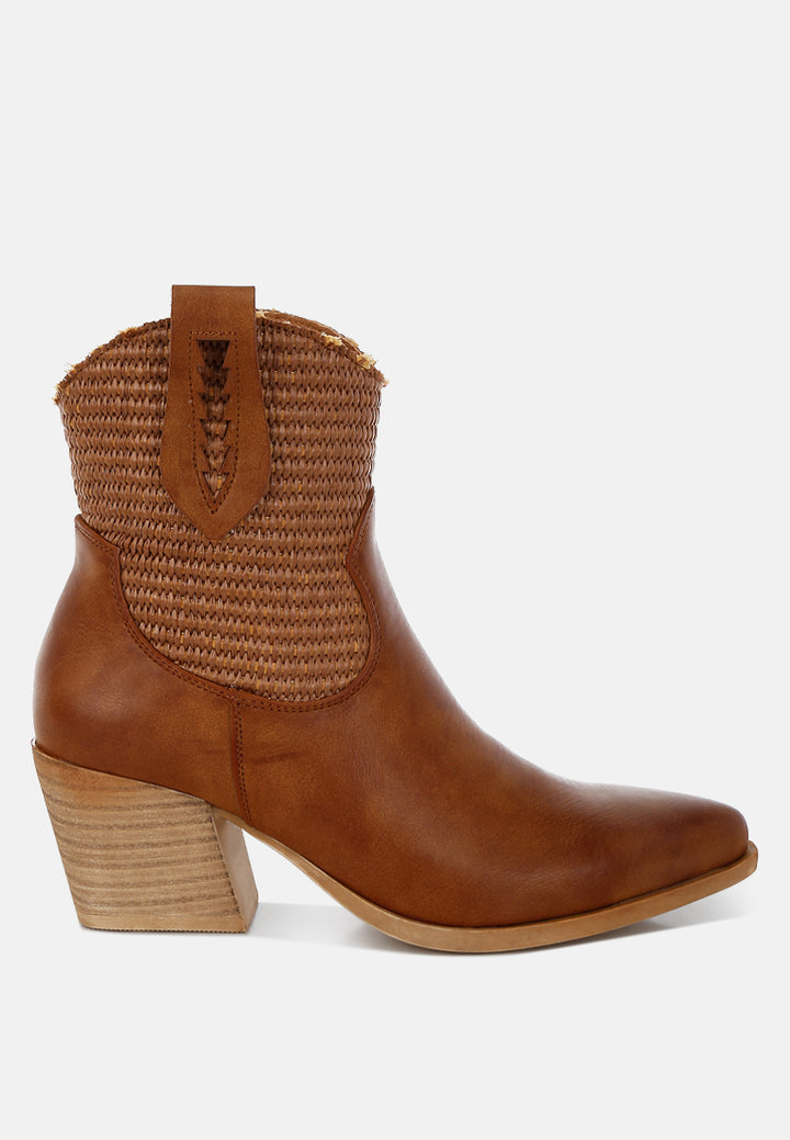 women raffia & faux leather cowboy boots#color_tan