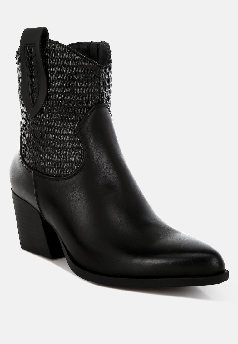 women raffia & faux leather cowboy boots#color_black