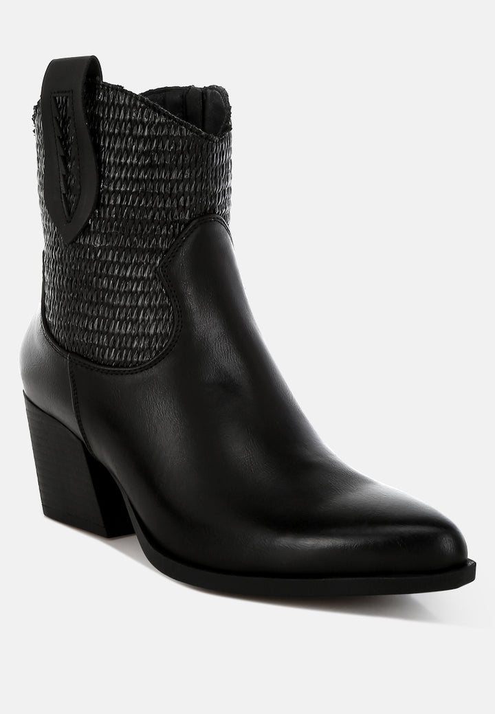 women raffia & faux leather cowboy boots#color_black