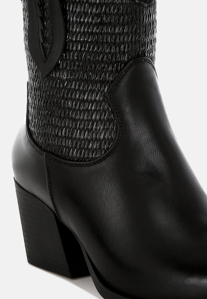 women raffia & faux leather cowboy boots#color_black