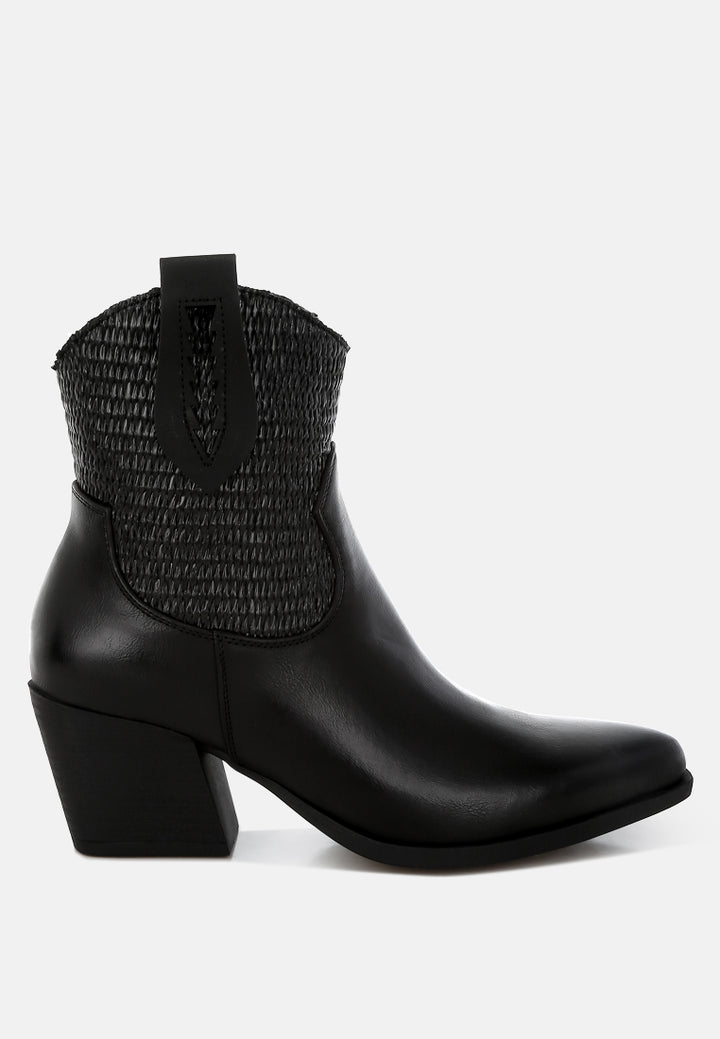 women raffia & faux leather cowboy boots#color_black