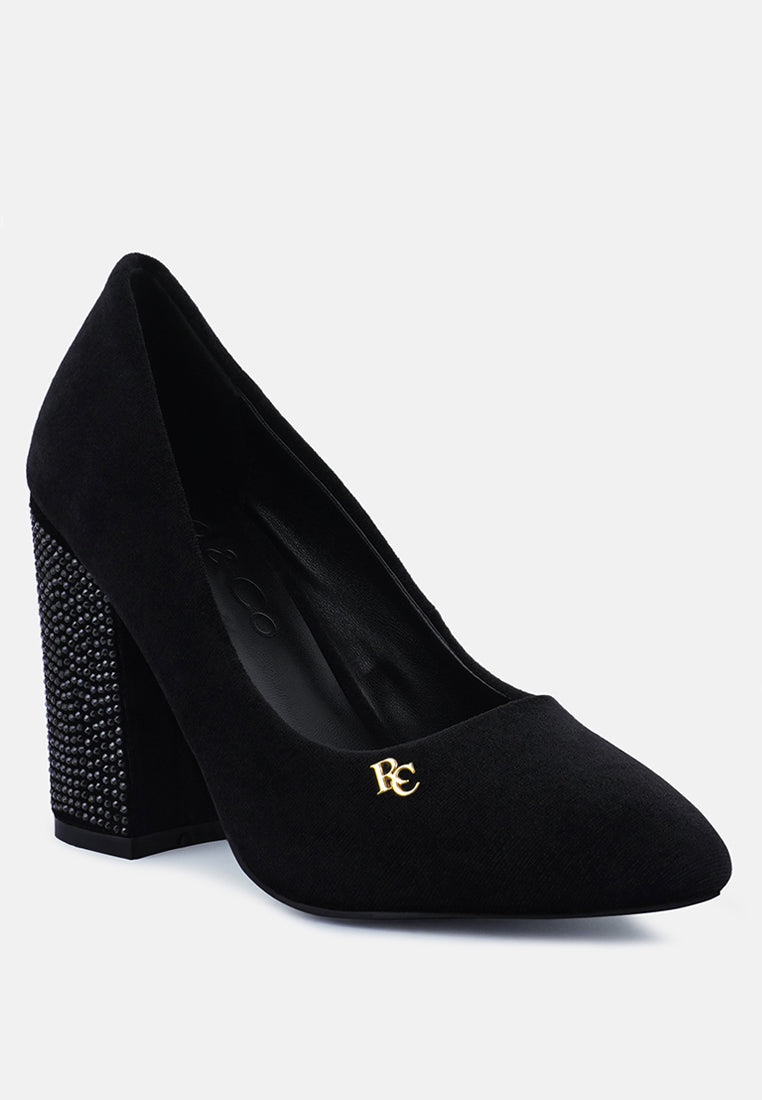 women diamante block heeled pumps#color_black