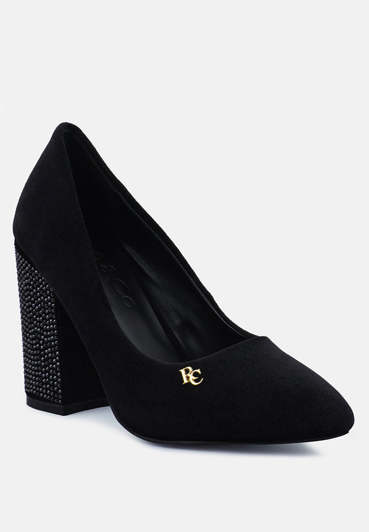 women diamante block heeled pumps#color_black