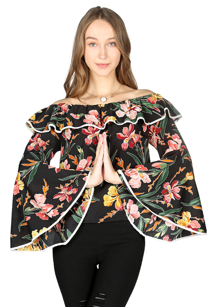 Women Burgundy Stripe Off Shoulder Flared Sleeve Top