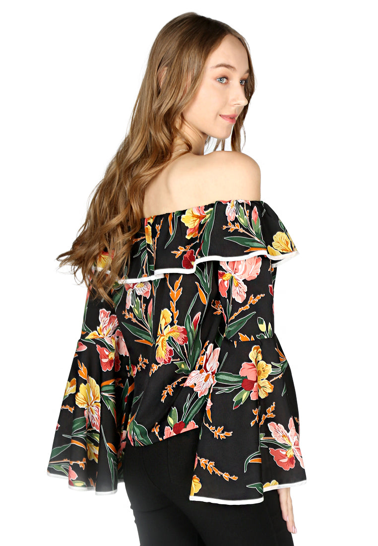 Women Burgundy Stripe Off Shoulder Flared Sleeve Top